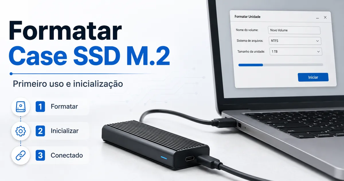 Case para SSD M.2 conectado a um computador para formatacao e inicializacao no primeiro uso