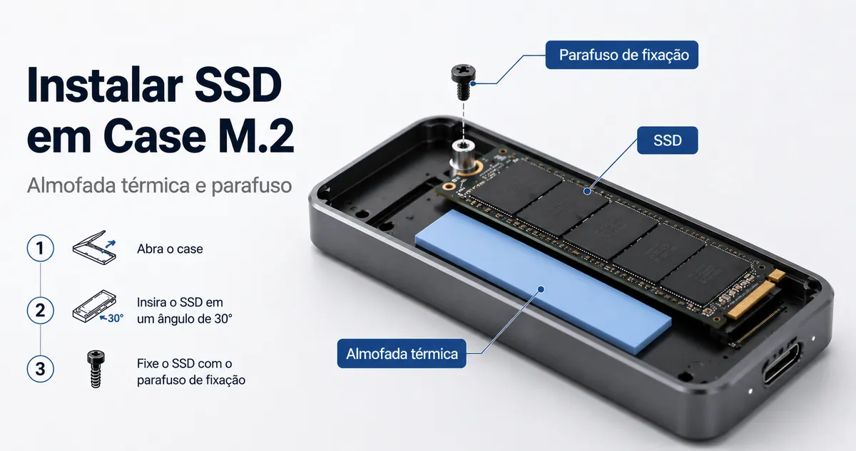 SSD sendo instalado em um case para SSD M.2 com almofada termica e parafuso de fixacao visiveis