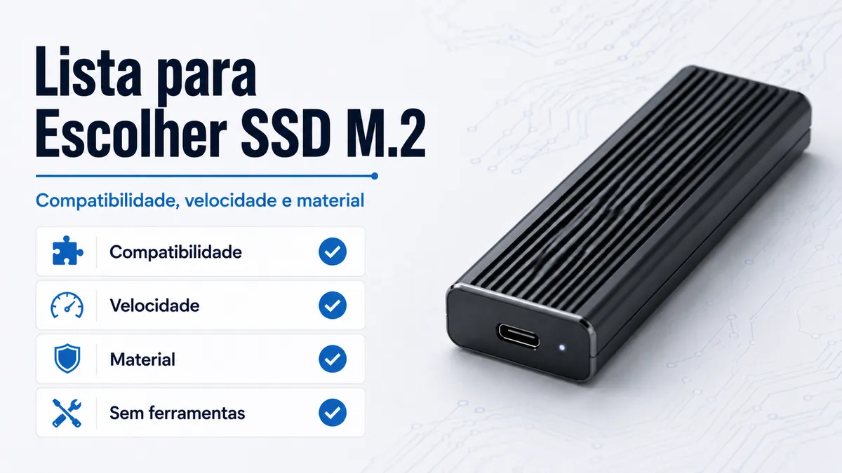 Lista para escolher case para SSD M.2 com pistas de compatibilidade, velocidade, material e design sem ferramentas