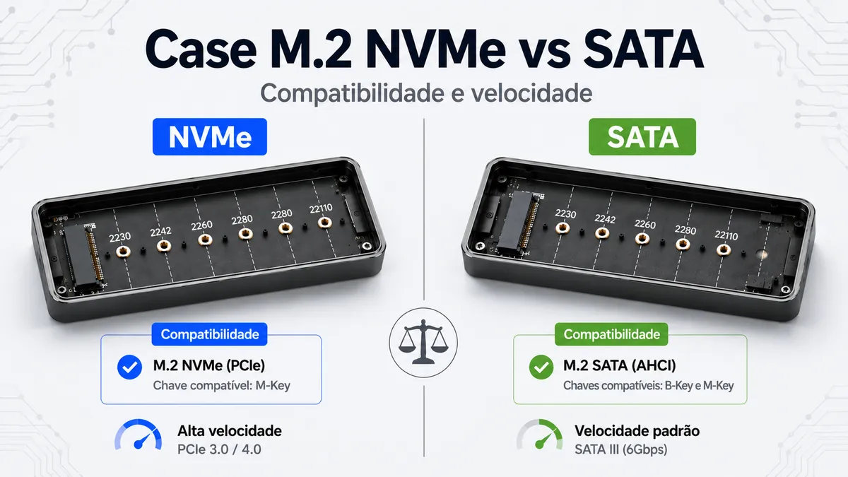 Comparação entre case para SSD M.2 NVMe e SATA com etiquetas de compatibilidade diferentes