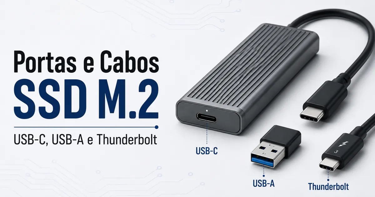 Case para SSD M.2 com cabo USB-C, adaptador USB-A e conexão tipo Thunderbolt