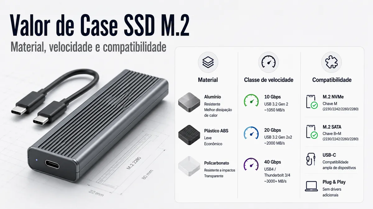 Comparação de valor de um case para SSD M.2 com material, classe de velocidade e dados de compatibilidade