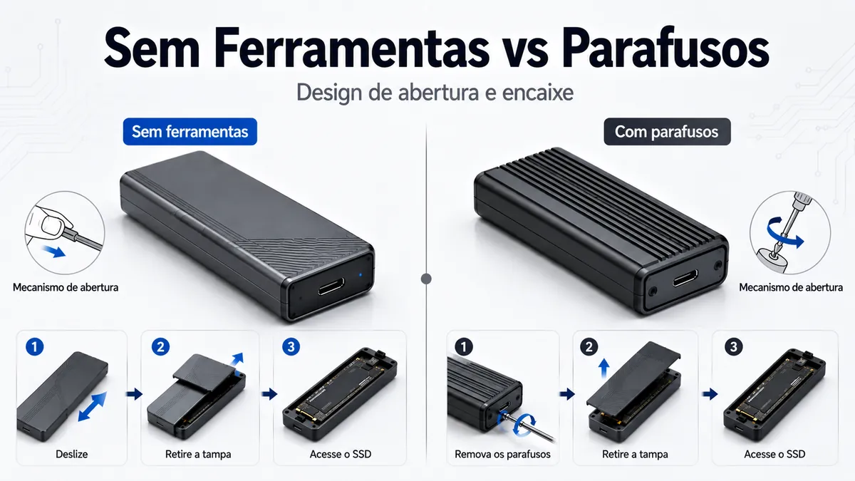 Cases para SSD M.2 sem ferramentas e com parafusos mostrados com diferentes mecanismos de abertura