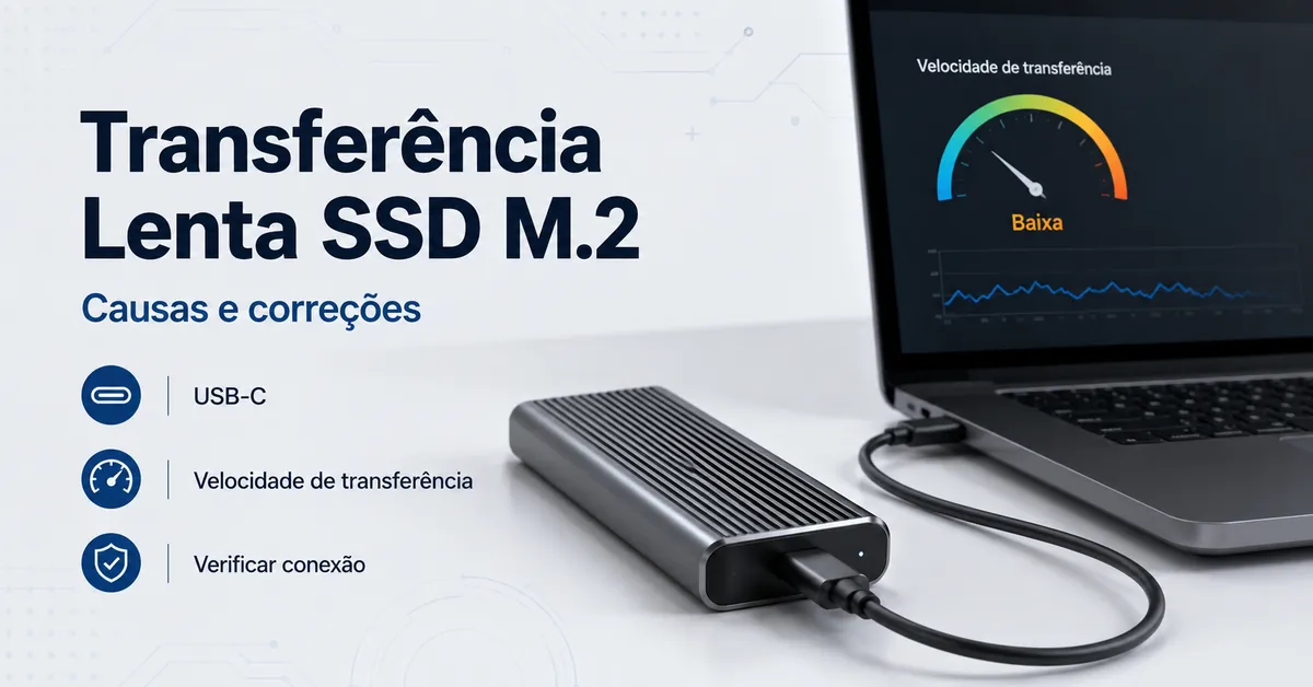 Case para SSD M.2 conectado por USB-C durante a verificacao de causas de transferencia lenta