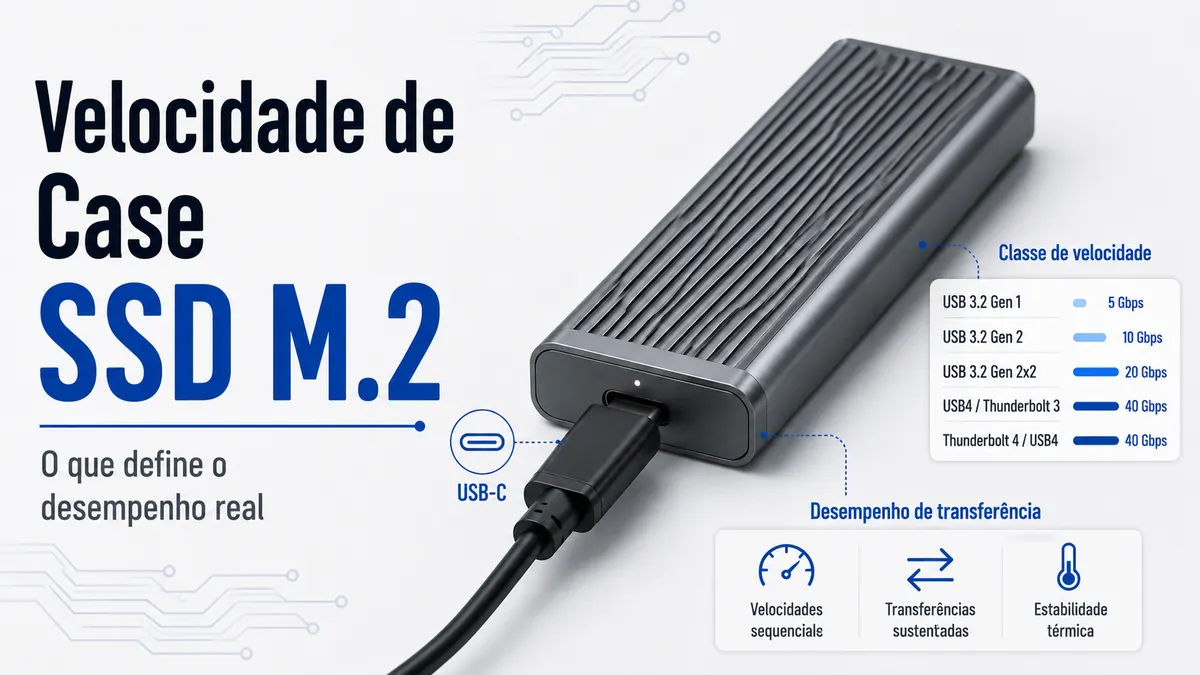 Case para SSD M.2 conectado por USB-C com etiquetas de classe de velocidade para desempenho de transferência