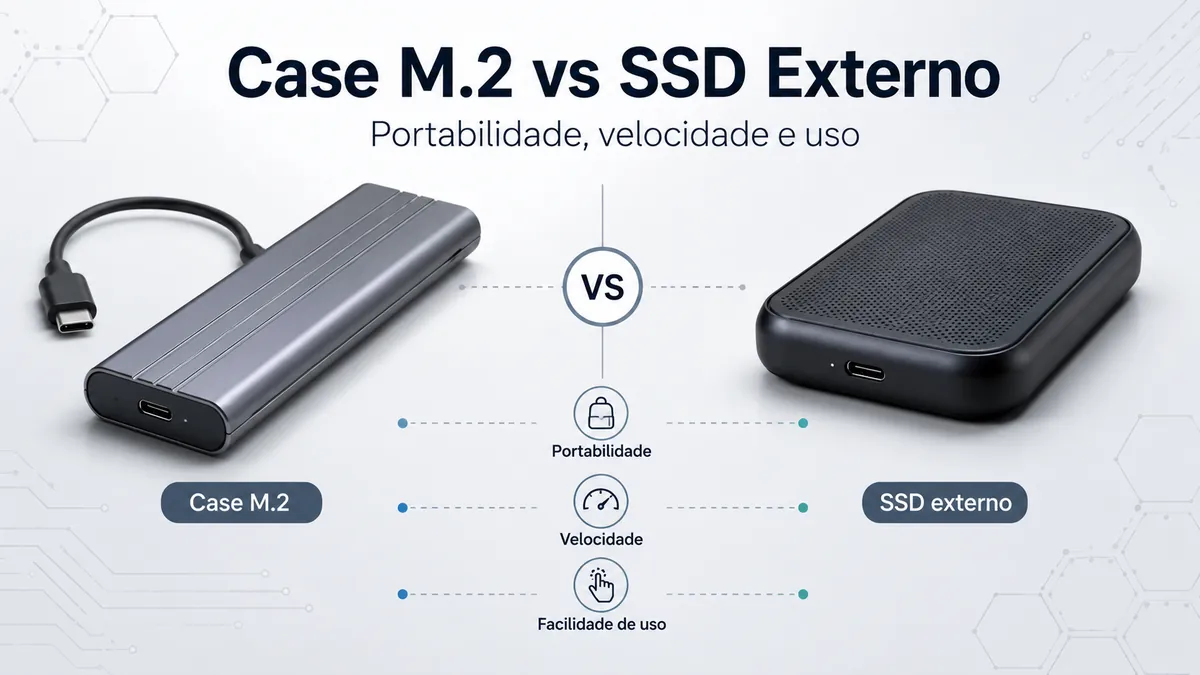 Case para SSD M.2 e SSD externo comparados por portabilidade, velocidade e facilidade de uso