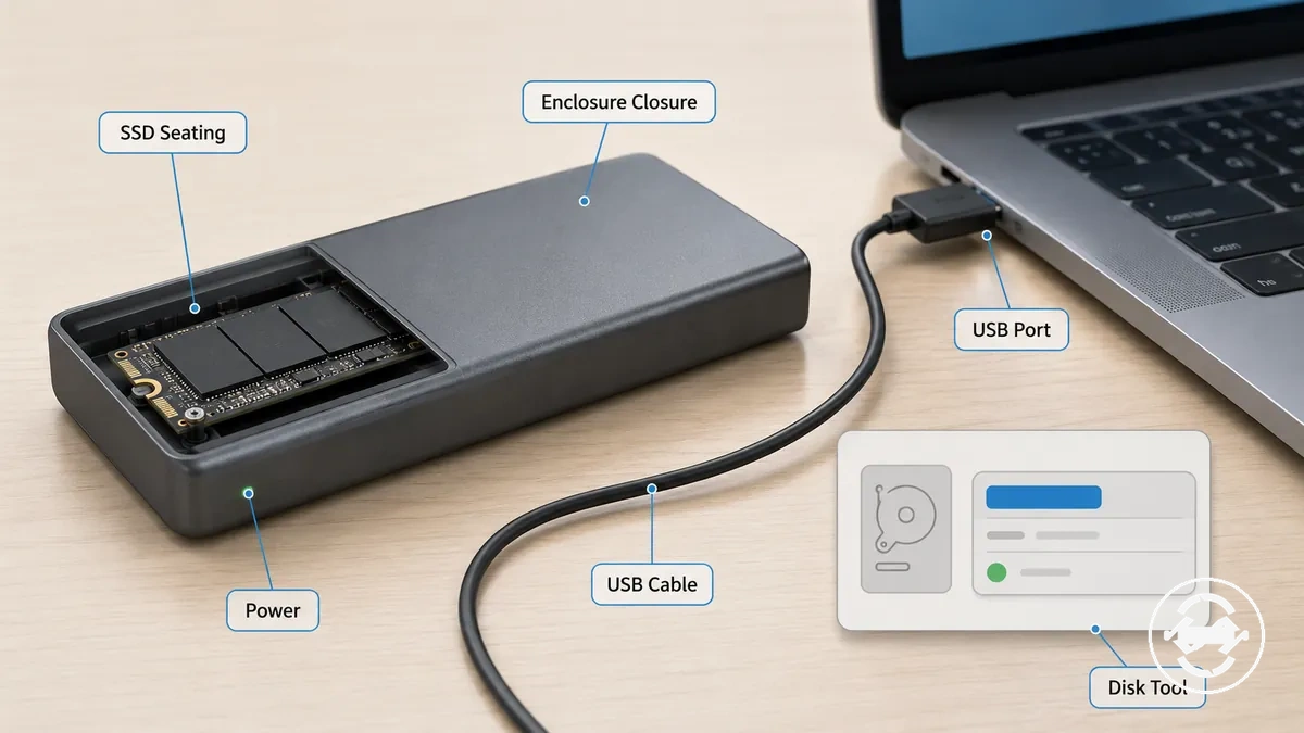 SSD oturması ve biçimlendirme öncesi USB bağlantısı için açıklamalı kontroller