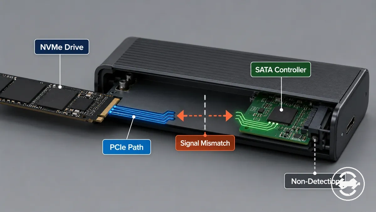 Yalnızca SATA destekli bir kutu denetleyicisi ile NVMe sürücü PCIe sinyalleme yolu uyuşmazlığını gösteren diyagram