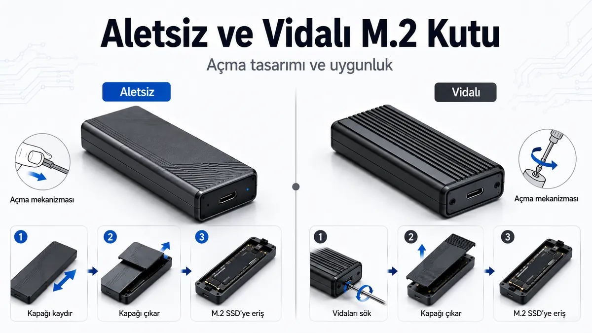 Farklı açma mekanizmalarıyla gösterilen aletsiz ve vidalı M.2 SSD kutuları