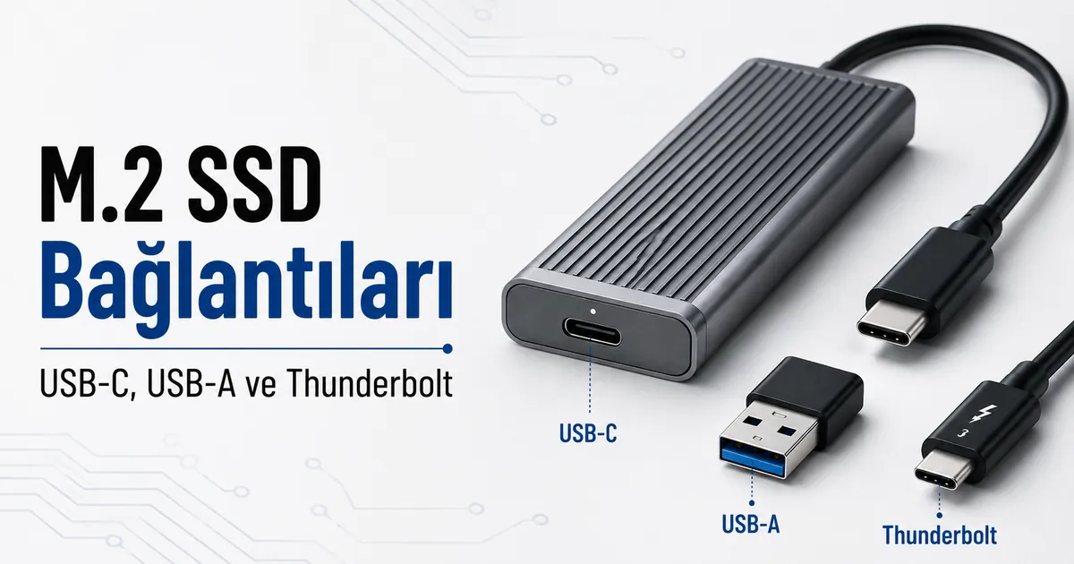 USB-C kablo, USB-A adaptör ve Thunderbolt tipi bağlantıyla M.2 SSD kutusu