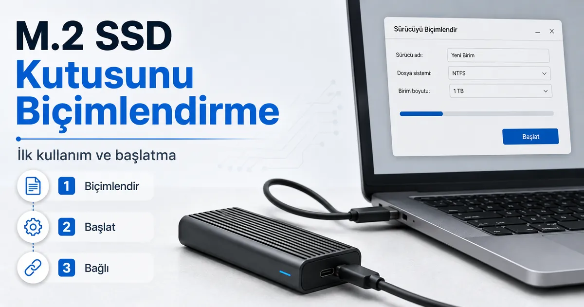İlk kullanım biçimlendirmesi ve başlatma için bilgisayara bağlı M.2 SSD kutusu