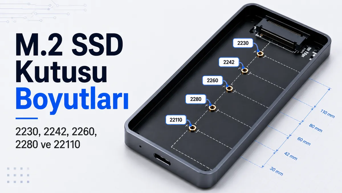 2230, 2242, 2260, 2280 ve 22110 montaj konumları işaretlenmiş M.2 SSD kutusu tepsisi