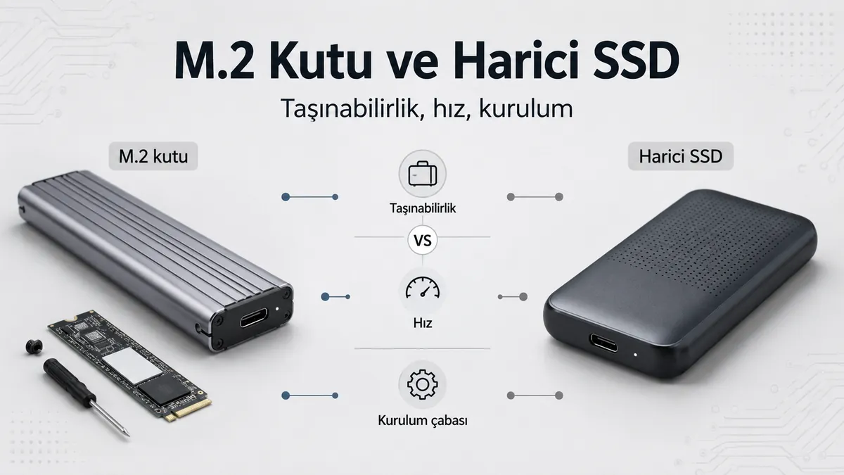 Taşınabilirlik, hız ve kurulum çabası açısından karşılaştırılan M.2 SSD kutusu ve harici SSD