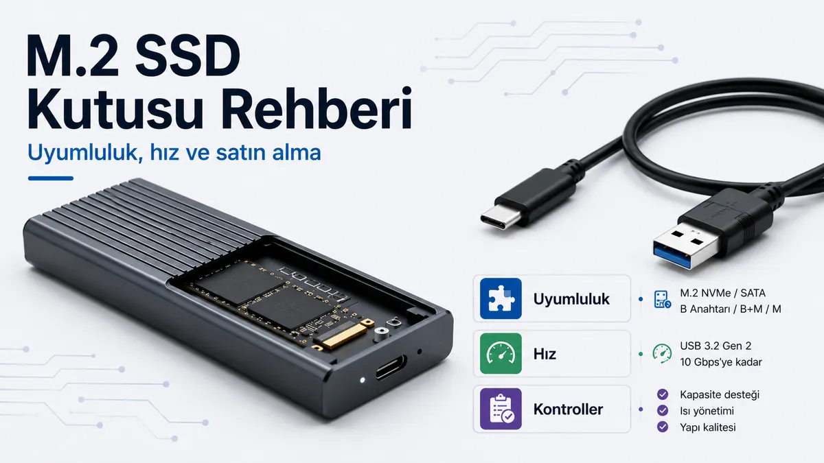 İç SSD, USB kablosu ve uyumluluk etiketleriyle M.2 SSD kutusu