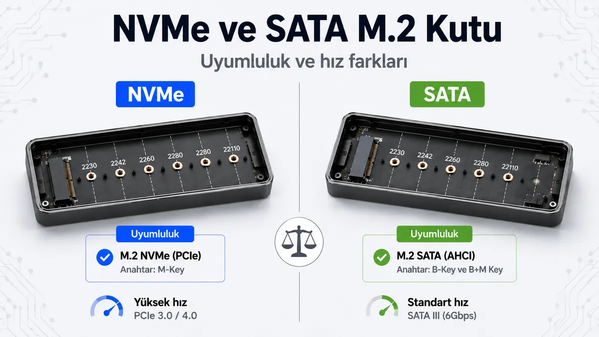 Farklı sürücü uyumluluğu etiketleriyle NVMe ve SATA M.2 SSD kutusu karşılaştırması