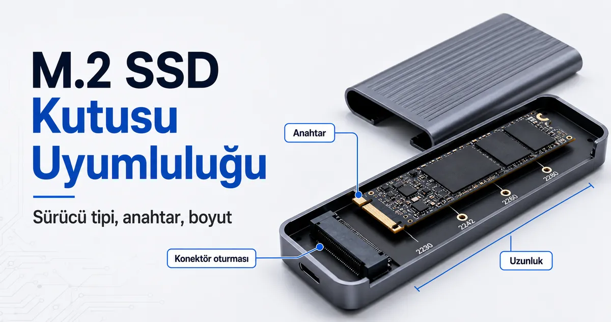 SSD anahtar tipi, uzunluk ve konektör oturmasını gösteren M.2 SSD kutusu görünümü
