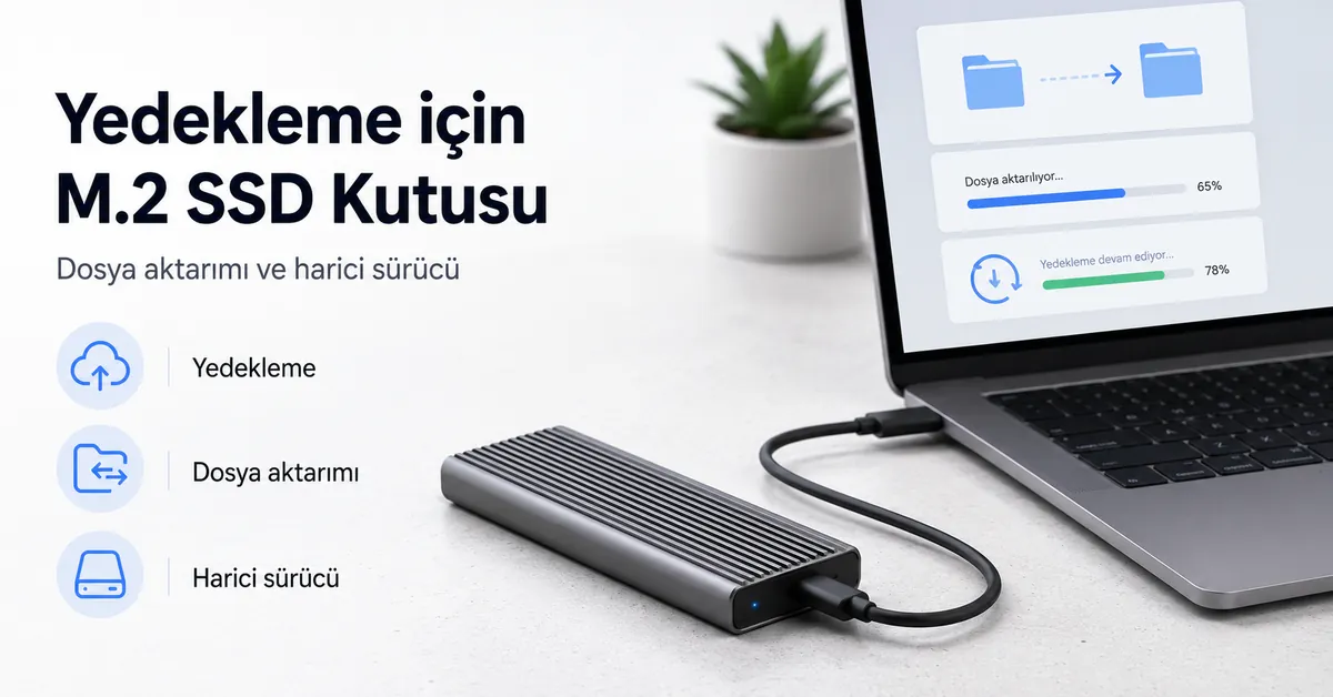 Yedekleme ve dosya aktarımı için harici sürücü olarak kullanılan M.2 SSD kutusu